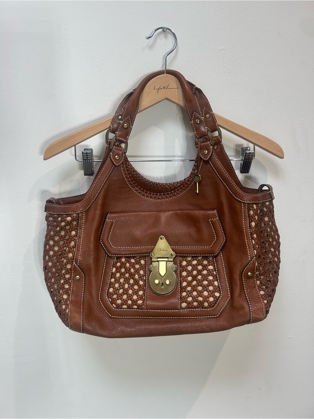 Cole Haan Brown Leather Woven Accent Shoulder Bag